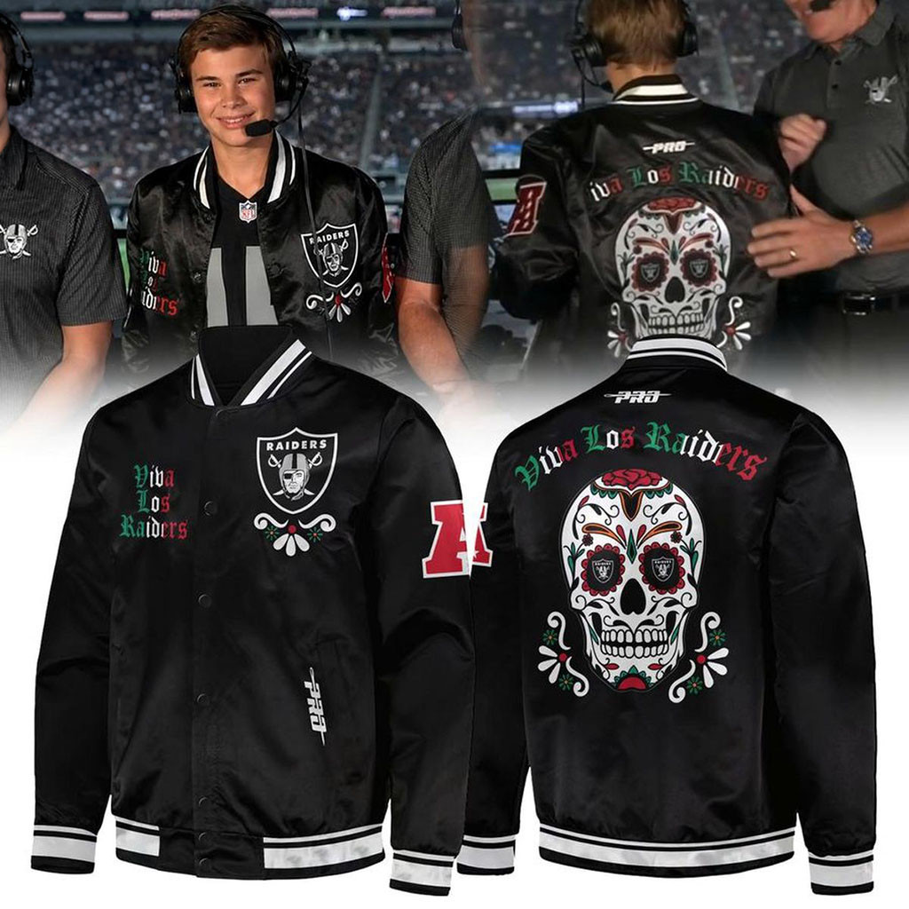 LV Raiders Viva Los Raiders 2026 Dia de los Muertos Sugar Skull Baseball Jacket Raiders Merch