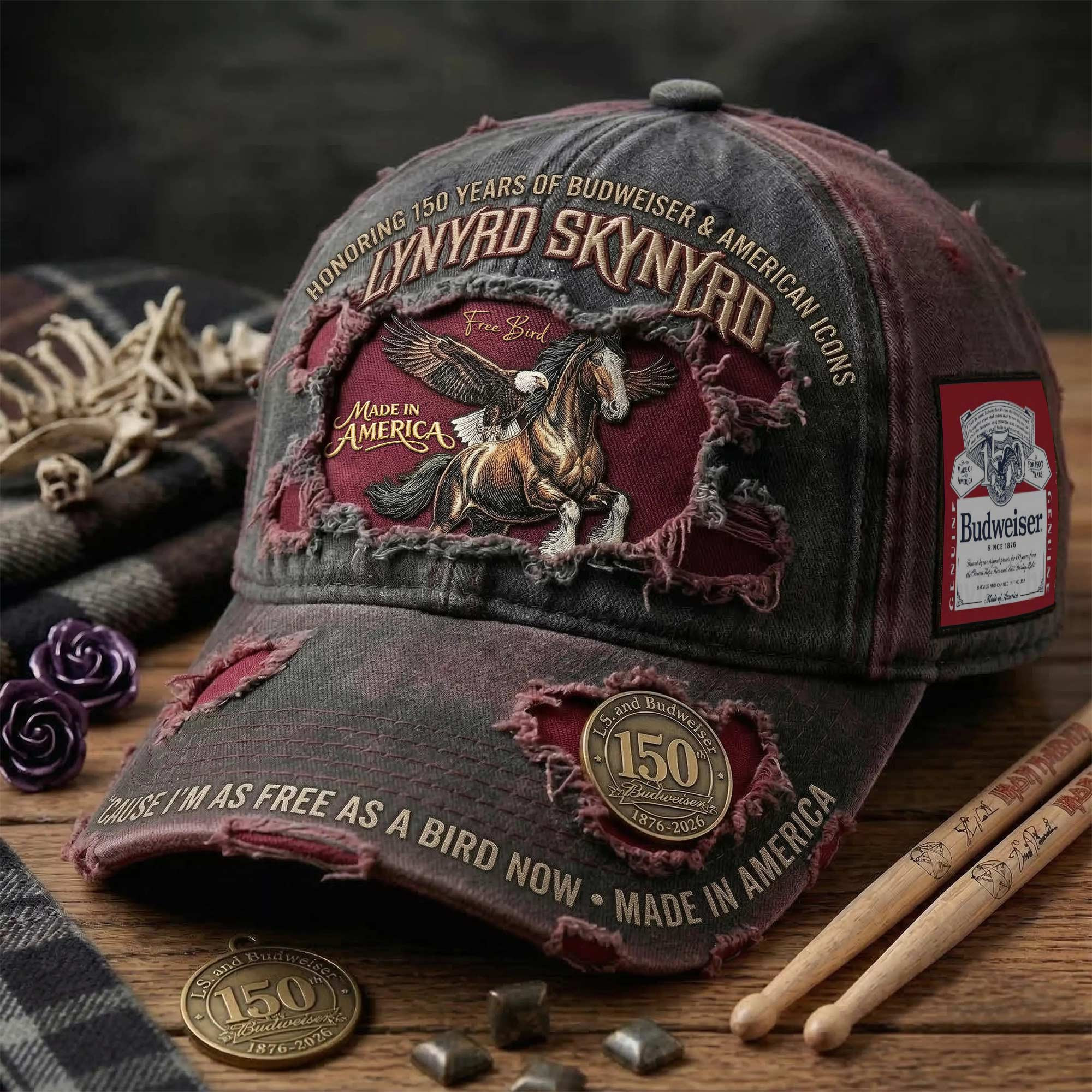 Lynyrd Skynyrd 150 Years Budweiser Distressed Cap Vintage Rock Made in America Hat Gifts