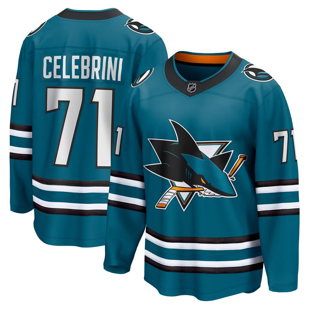 Macklin Celebrini Jersey Shirt 2026 San Jose Sharks Merch #71 SJ Sharks Home Breakaway Jersey