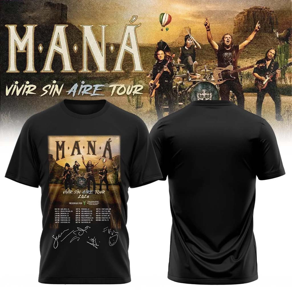 Mana Merch 2026 Vivir Sin Aire Tour T-Shirt Black Gifts For Pop Band Fans