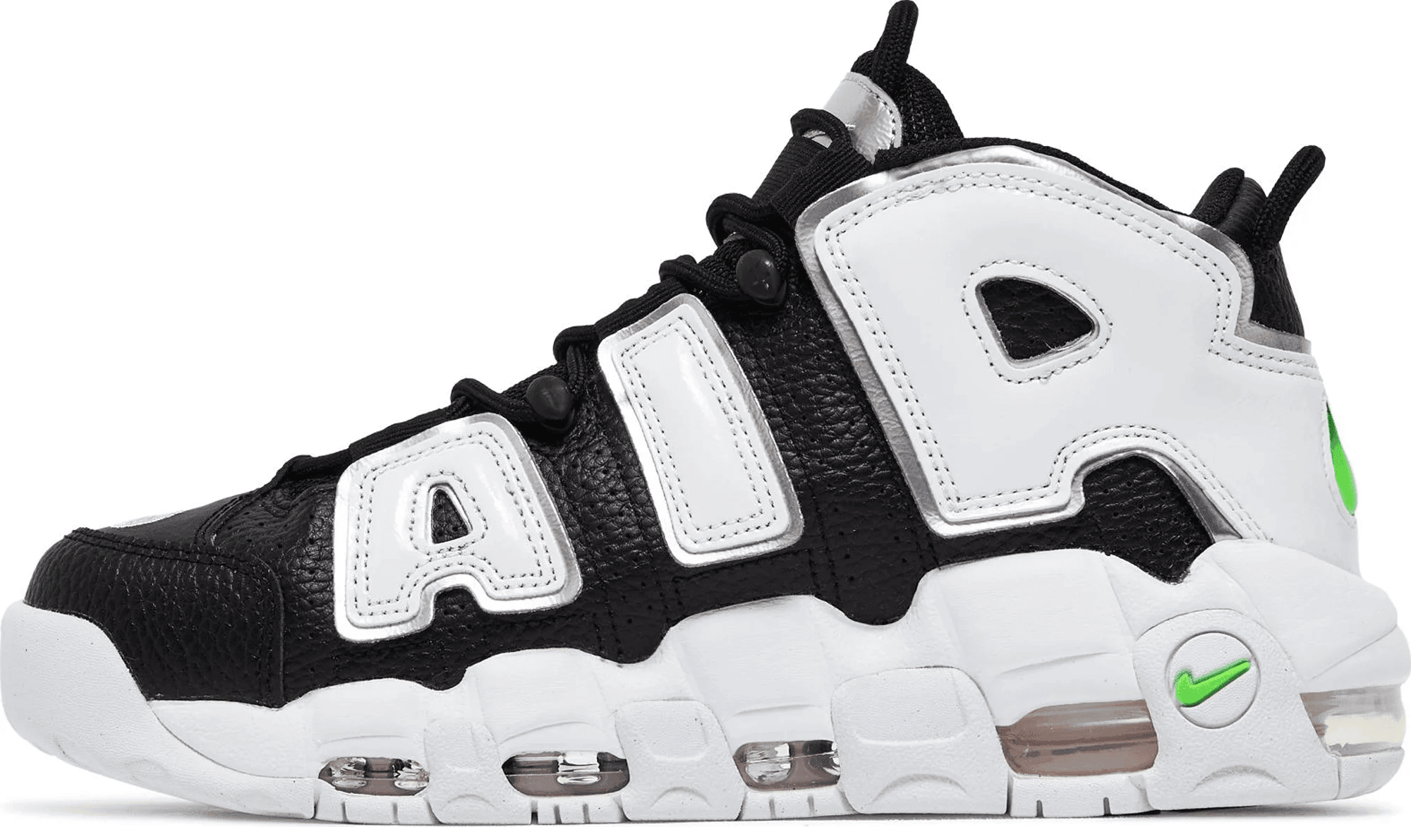 Men's Air More Uptempo Black Metallic Silver Green Logo Shoes