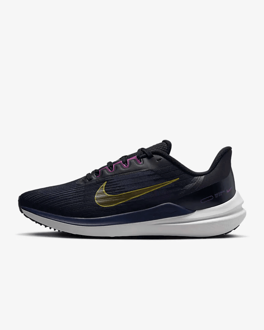 Men's Air Zoom Winflo 9 Black Blackened Blue Cave Purple Gold Suede Shoes