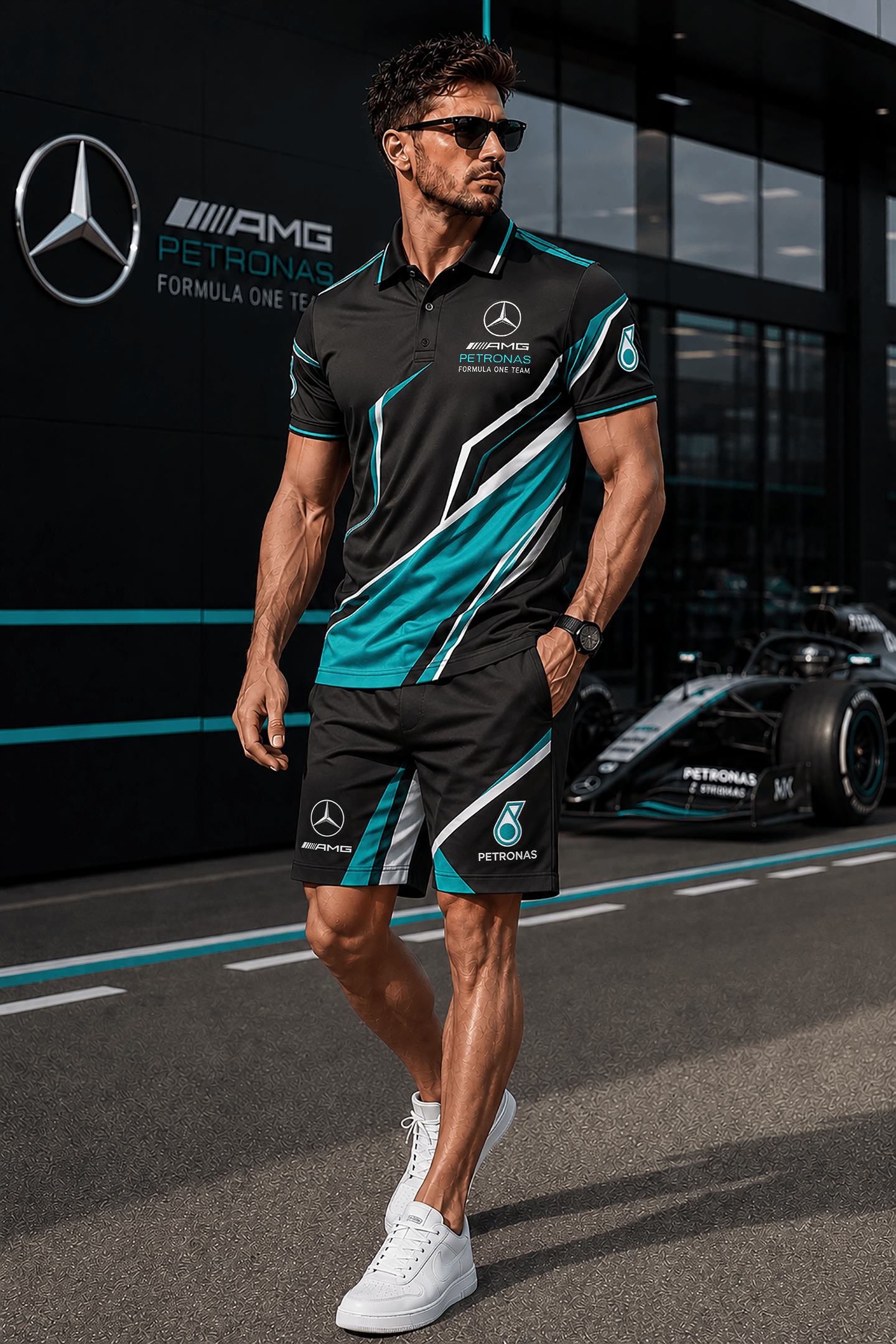 Merc AMG Petronas Sport Polo Shirt And Shorts Set F1 Racing Fan Gear Gift For Dad