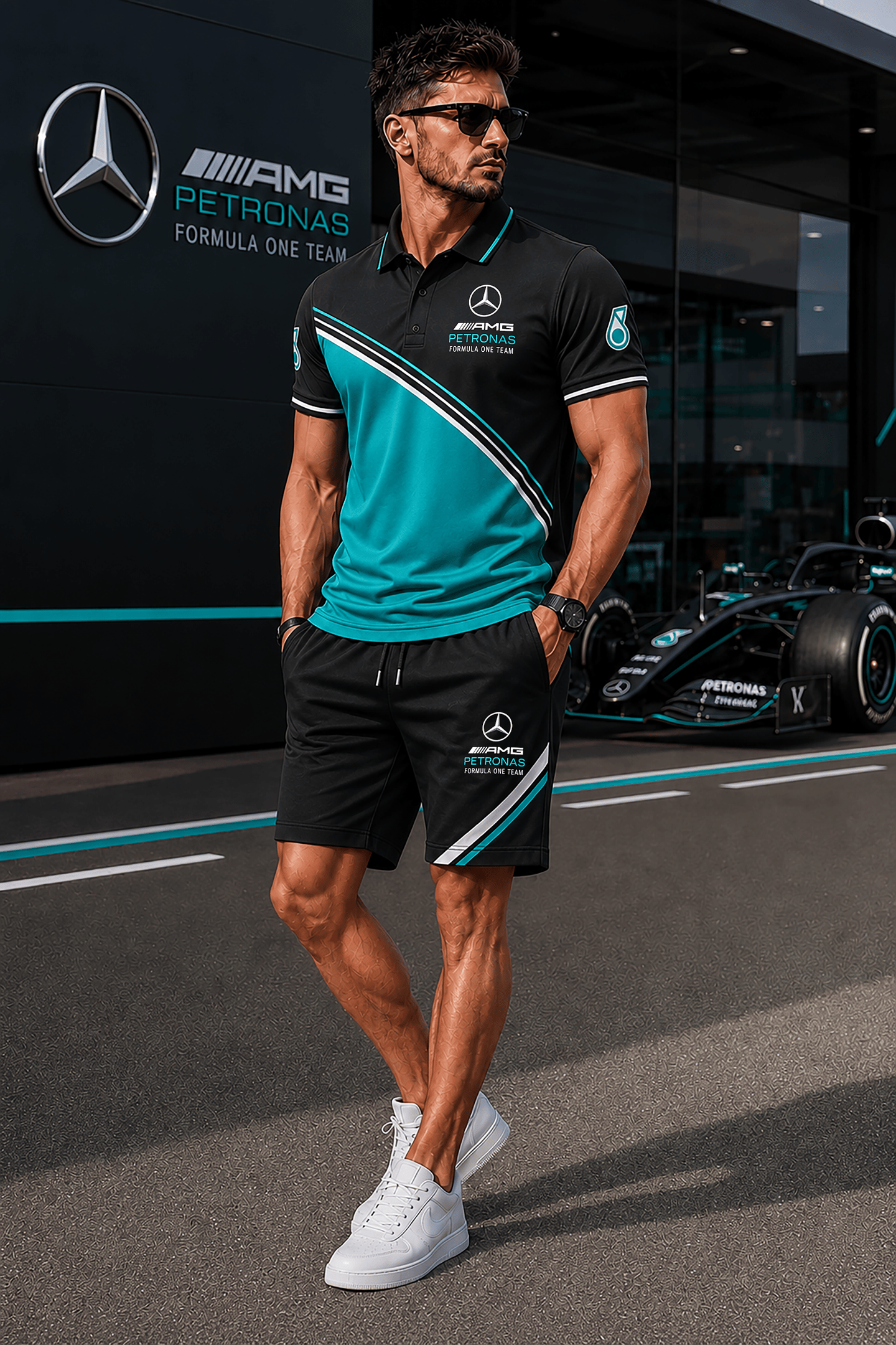 Merc AMG Petronas Sport Polo Shirt And Shorts Set Gift For F1 Racing Fans Gift for Dad