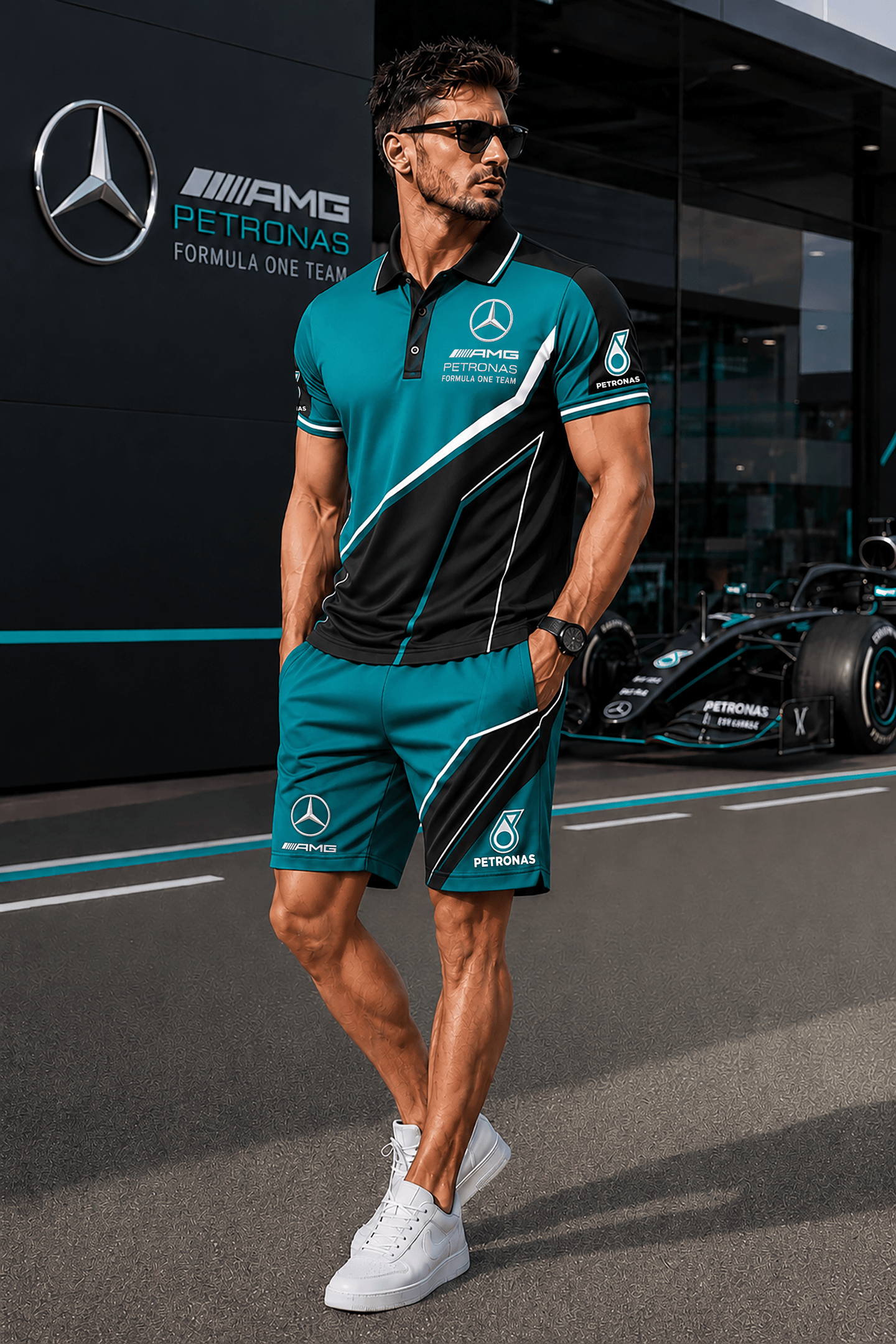 Merc AMG Petronas Sport Polo Shirt And Shorts Set Merc Merch Present Ideas For Husband