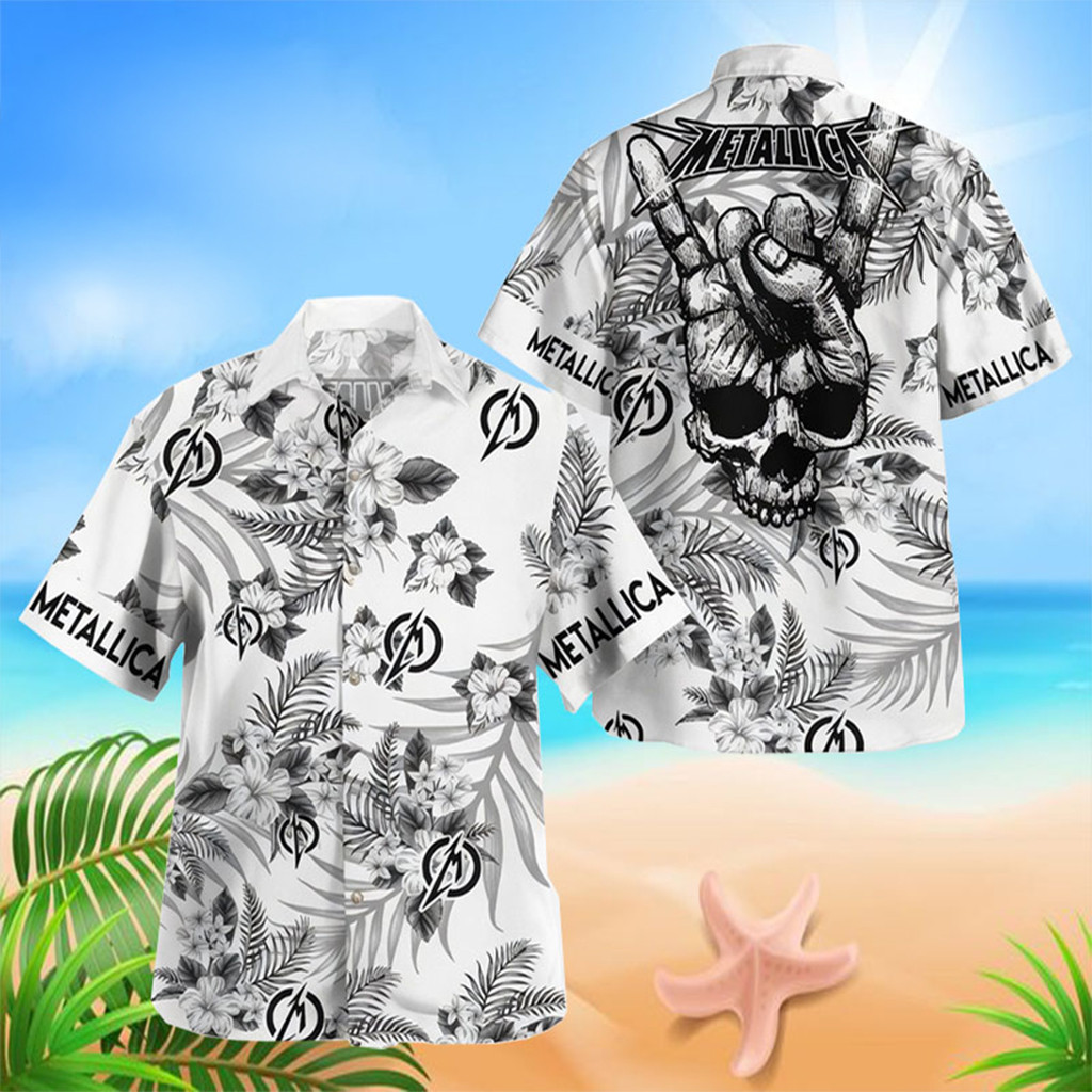 Metallica Rock Band White Hawaiian Shirt Tropical Themed Aloha Shirt Metallica Merch Gifts