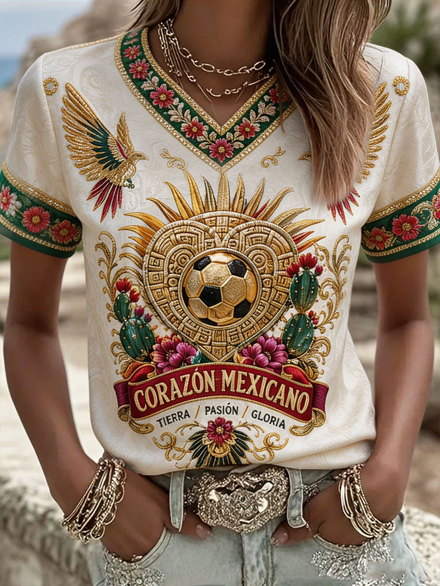 Mexico FIFA World Cup 2026 Merch Corazon Mexicano V-Neck T-Shirt Match Day Apparel Women's