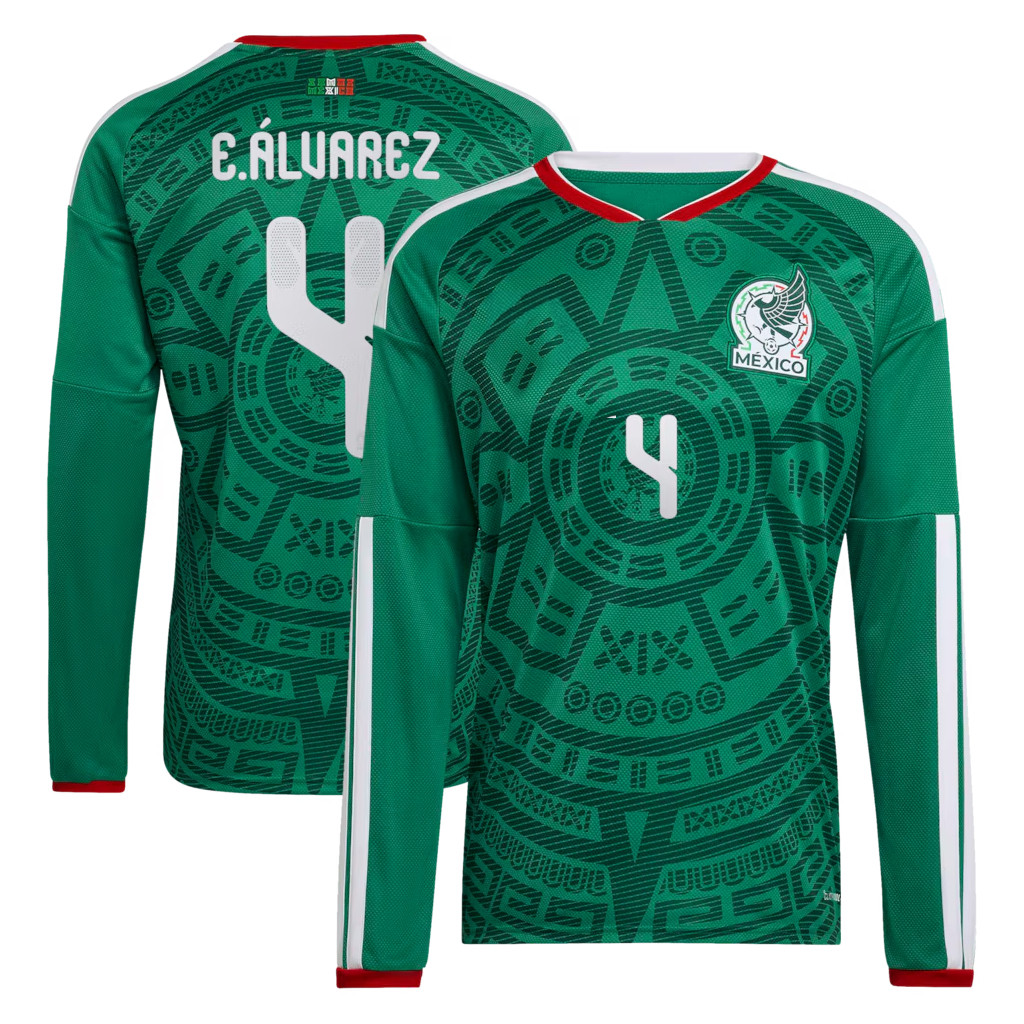 Mexico World Cup Merch #4 Edson Alvarez Mexico National Team 2026 Home Long Sleeve Jersey Green