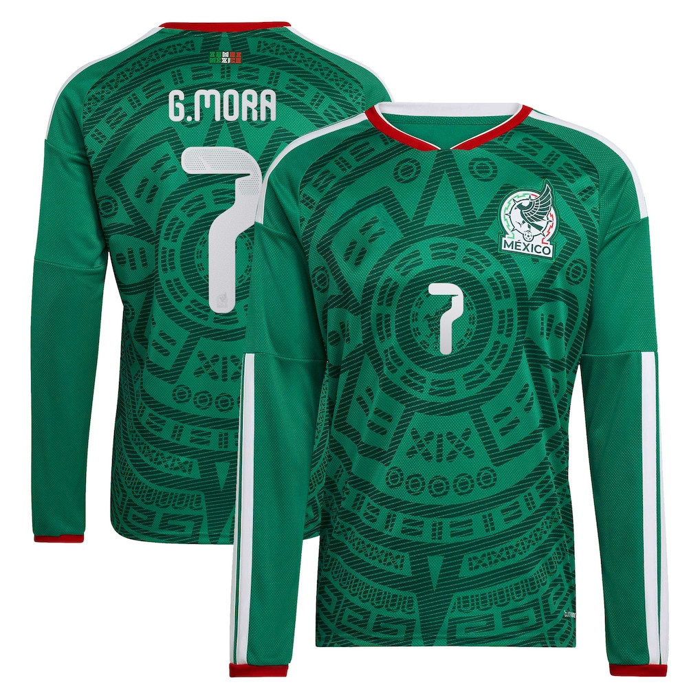 Mexico World Cup Merch #7 Gilberto Mora Mexico National Team 2026 Home Long Sleeve Jersey Green