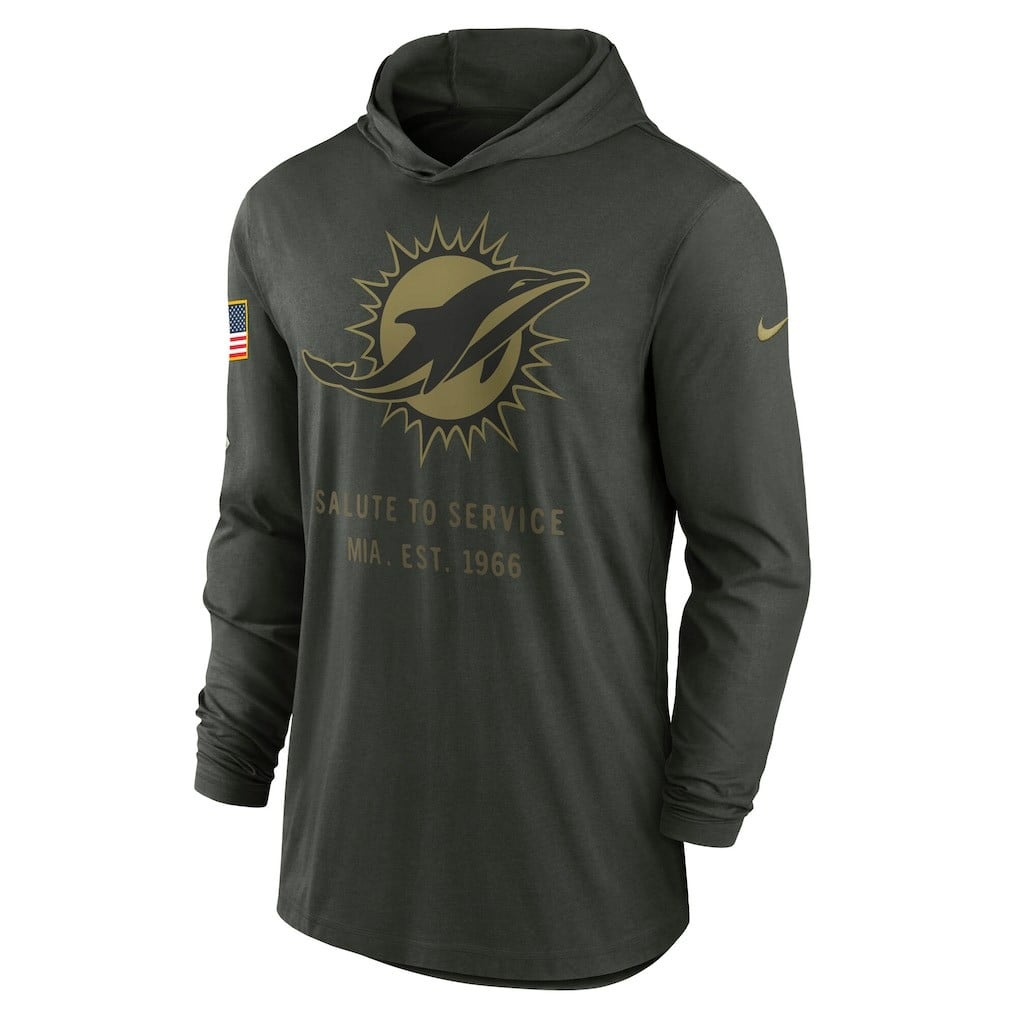 Miami Dolphins 2025 Salute to Service Sideline Dri-FIT Lightweight Hooded Pullover - Forest Green - Image 2