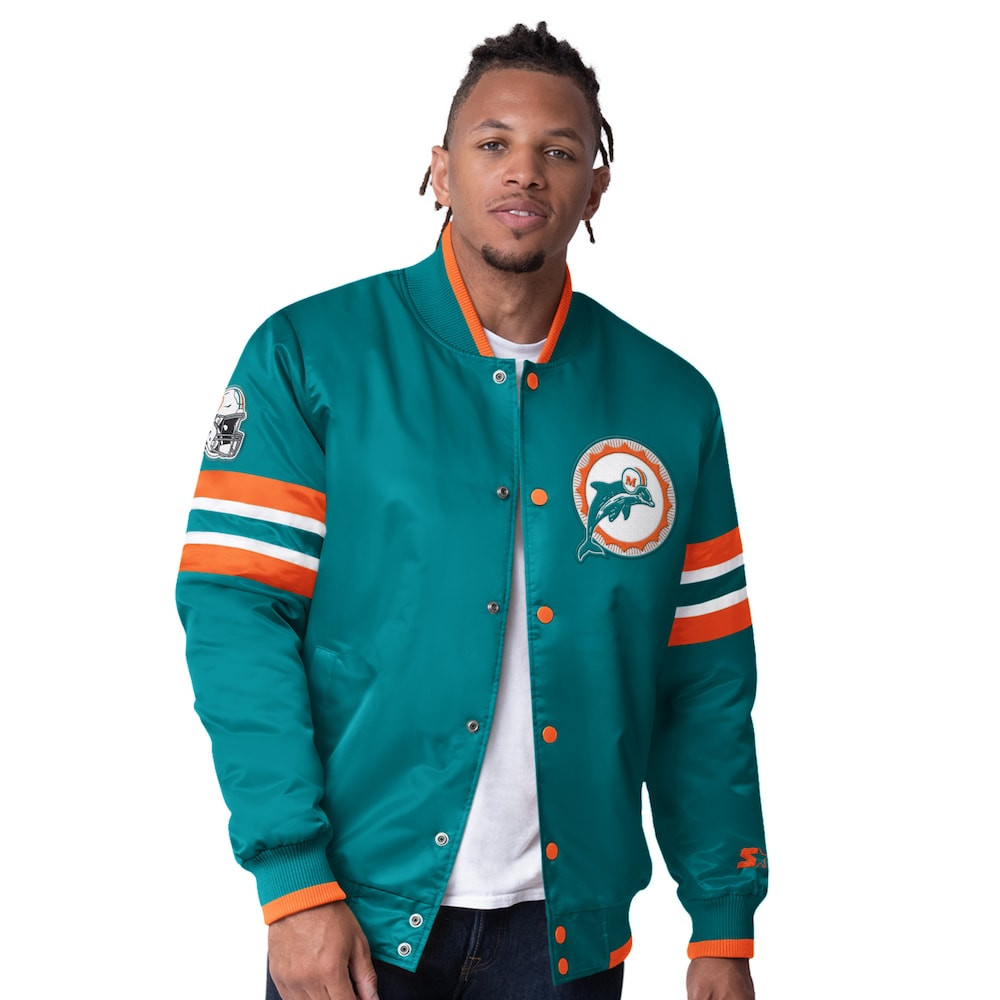 Miami Dolphins Merch - Men's Aqua Vintage Logo Scout I Full-Snap Varsity Jacket - Starter - Christmas Gifts For Football Fans