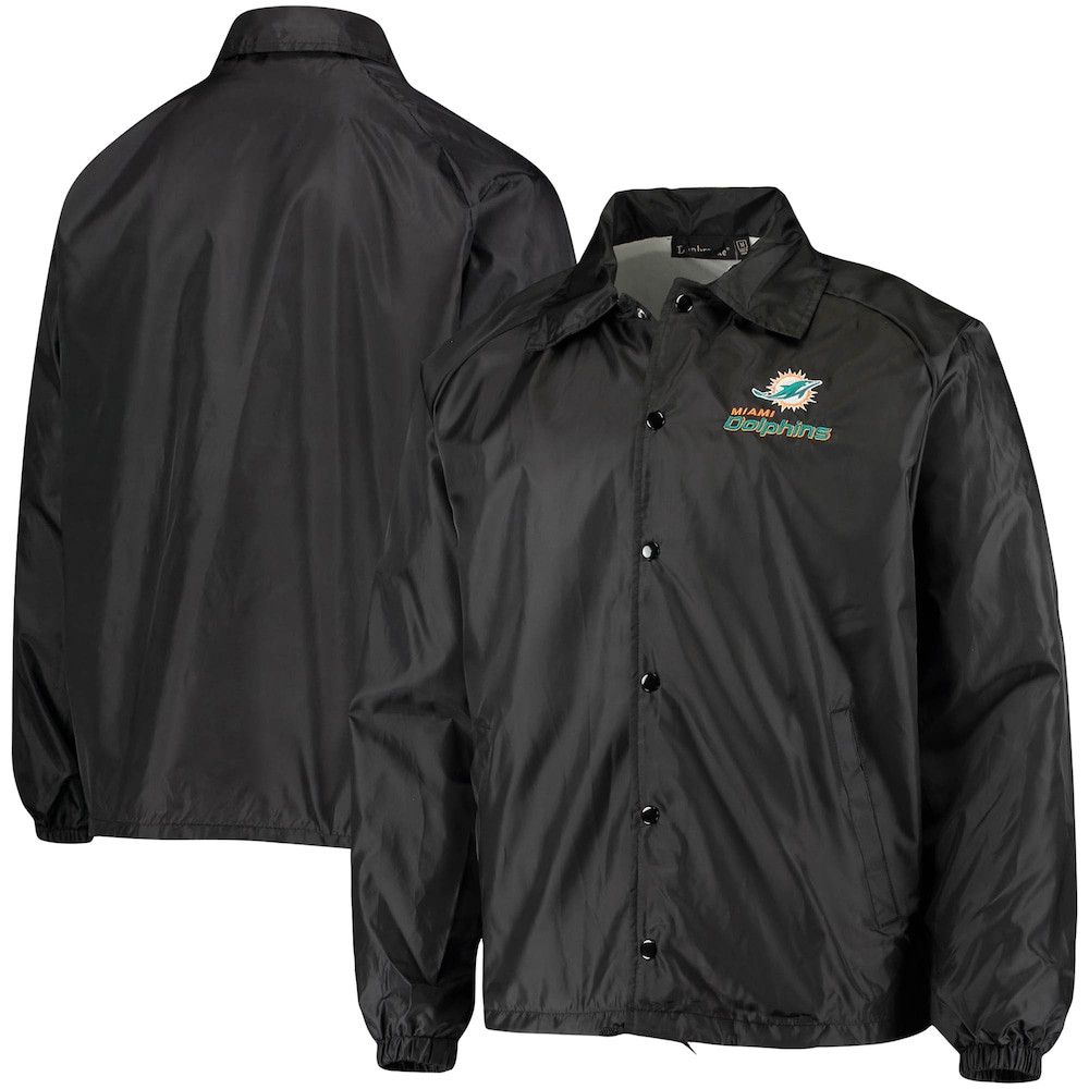Miami Dolphins Merch - Men's Coaches Classic Raglan Full-Snap Windbreaker Jacket, Black - Good Football Gifts