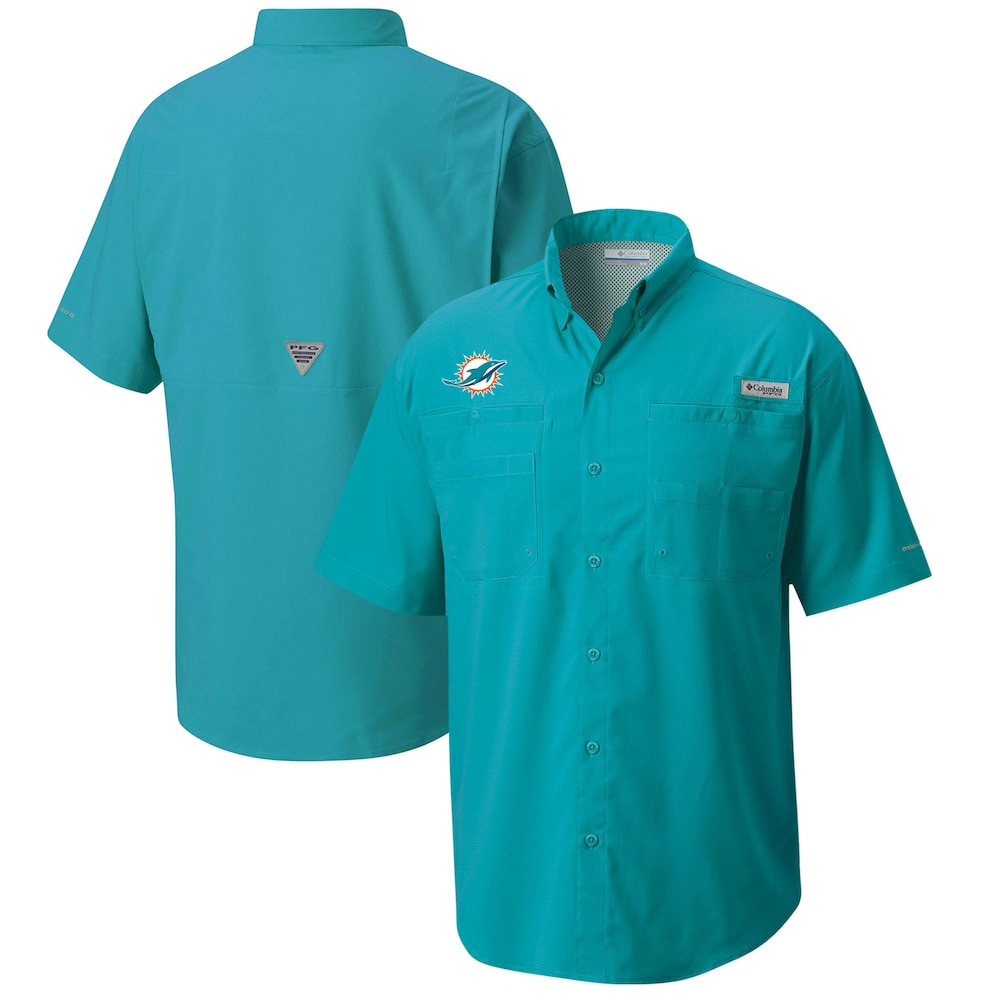 Miami Dolphins Merch - Men's Columbia Aqua Tamiami Omni-Shade Button-Down Shirt - Best Football Christmas Gifts