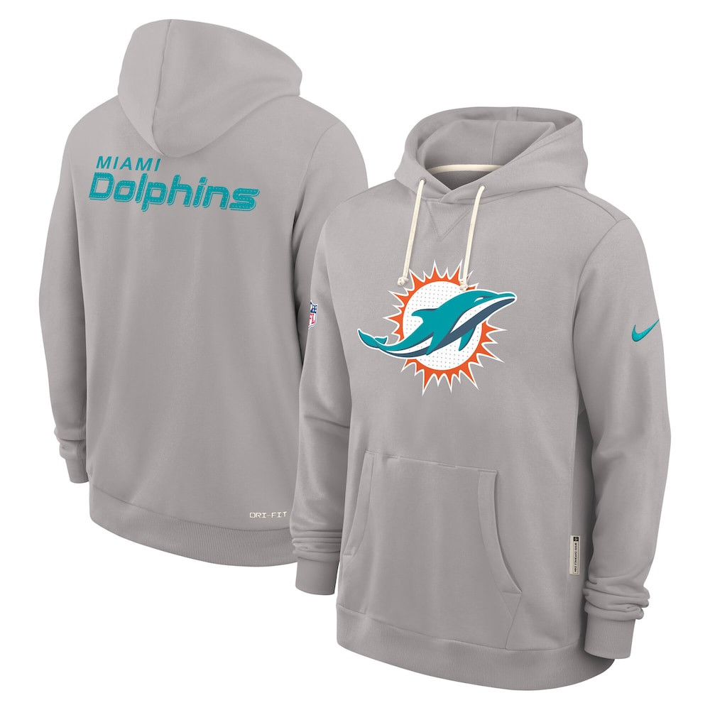 Miami Dolphins Merch - Men's Gray Sideline Standard Issue Initial Home Dri-FIT Hoodie - Football Fan Present Ideas