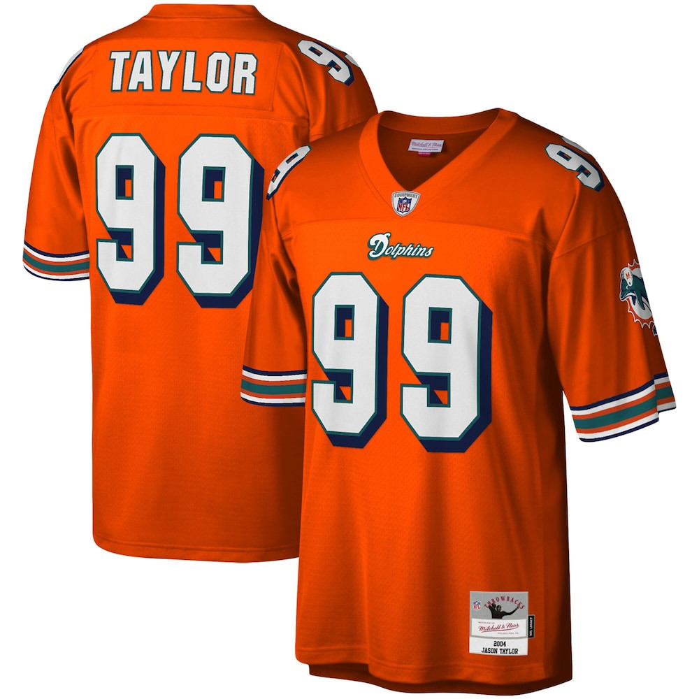 Miami Dolphins Merch - Men's Jason Taylor 2004 Retired Player Replica Jersey, Big & Tall, Orange - Mitchell & Ness - Football Christmas Gift Ideas