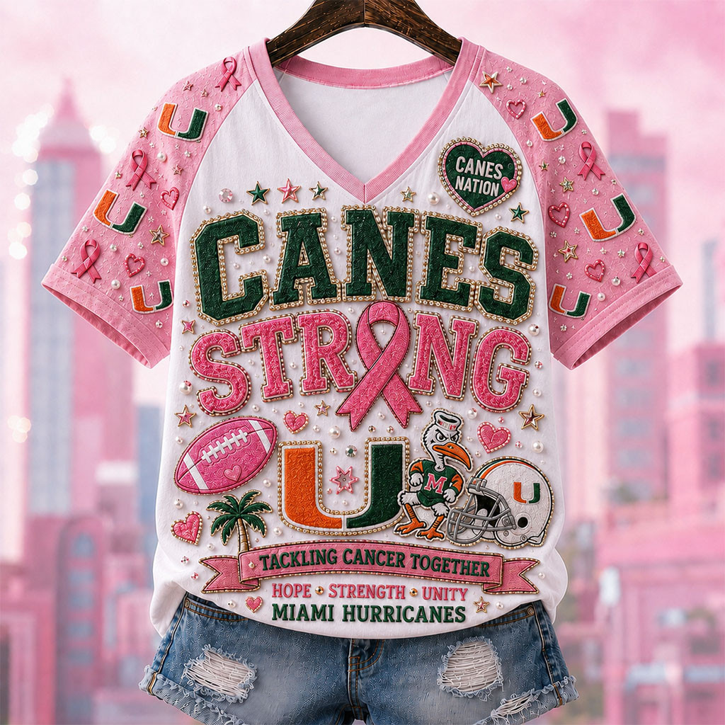 Miami Hurricanes Breast Cancer Awareness V-Neck Shirt Pink Out Game Day For Cure Hurricanes Merch