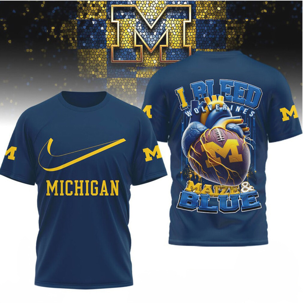 Michigan Wolverines I Bleed Maize And Blue Heart Football T-Shirt Wolverines Merch Fan Gifts