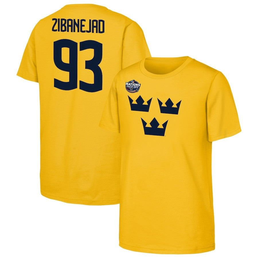 Mika Zibanejad Sweden 2025 4 Nations Face-Off Player Name & Number Gold T-Shirt 1 Mika Zibanejad Sweden 2025 4 Nations Face-Off Player Name & Number Gold T-Shirt