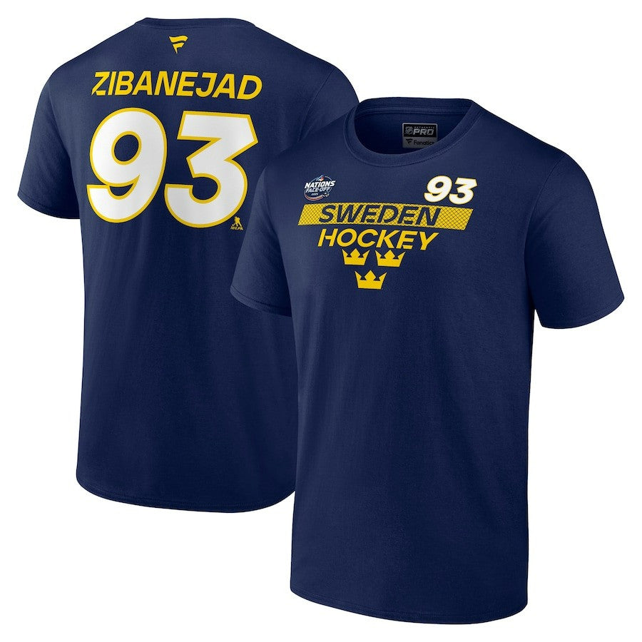 Mika Zibanejad Sweden 2025 4 Nations Face-Off Pro Name & Number Navy T-Shirt 1 Mika Zibanejad Sweden 2025 4 Nations Face-Off Pro Name & Number Navy T-Shirt