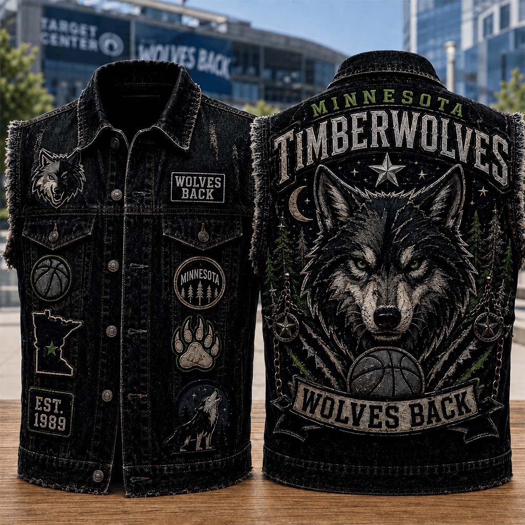 Minnesota Timberwolves Merch Wolves Back Denim Vest Basketball Enthusiast Gift For Game Day