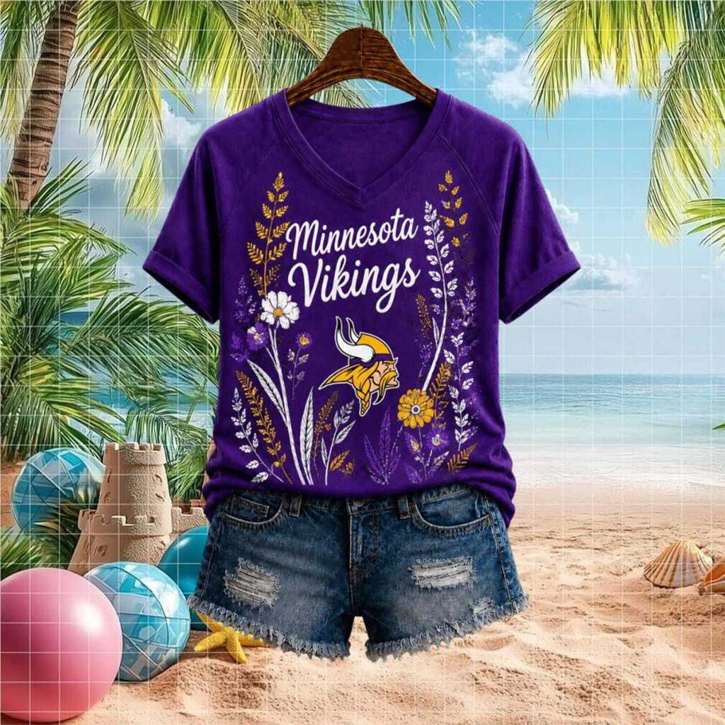 Minnesota Vikings Floral Nature Graphic V-Neck Shirt Minnesota Vikings Merch Gift For Her