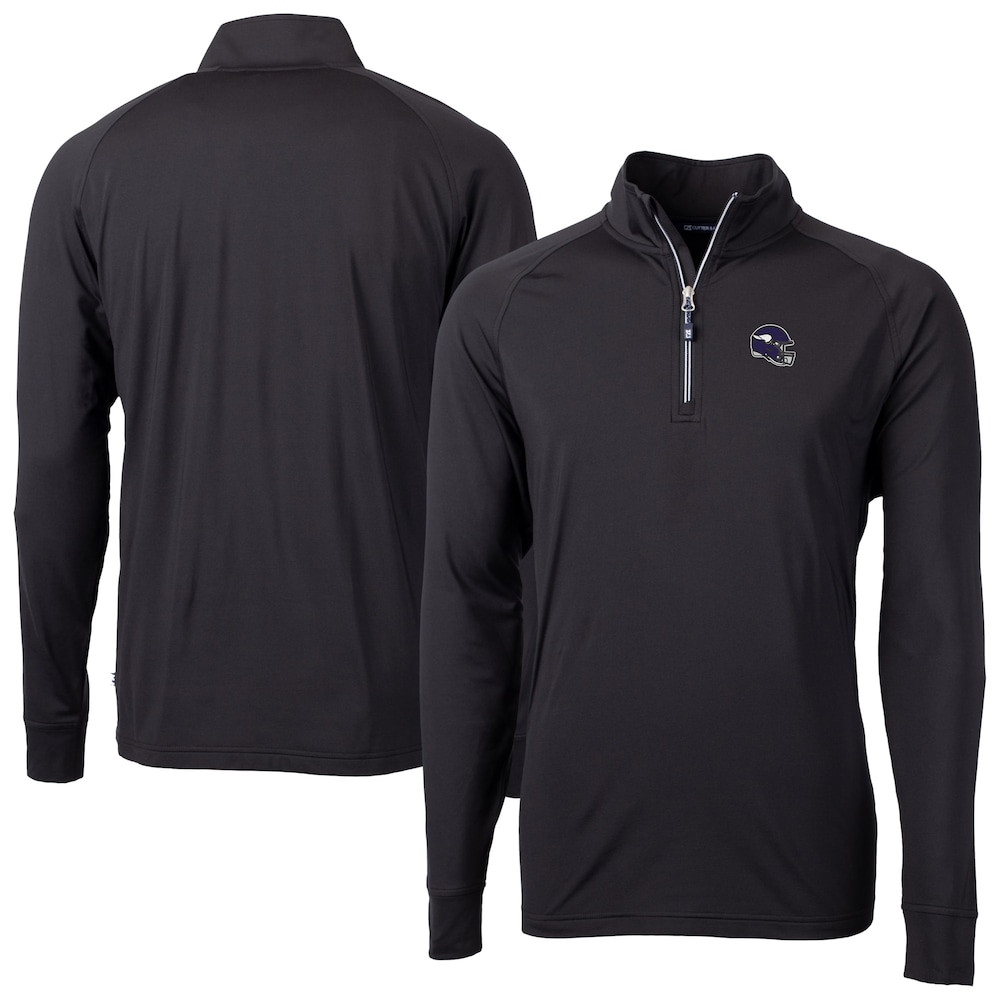 Minnesota Vikings Merch - Men's Adapt Eco DryTec Raglan Quarter-Zip Jacket, Big & Tall, Black - Cutter & Buck - Football Gift Ideas For Men