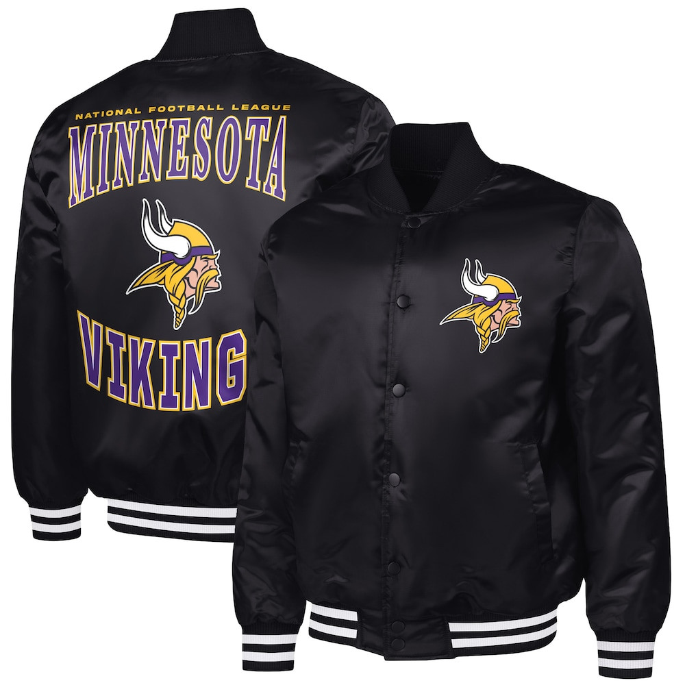 Minnesota Vikings Merch - Men's Adaptive Team Graphic Satin Full-Snap Varsity Jacket, Black - G-III Sports by Carl Banks - Best Football Related Gifts