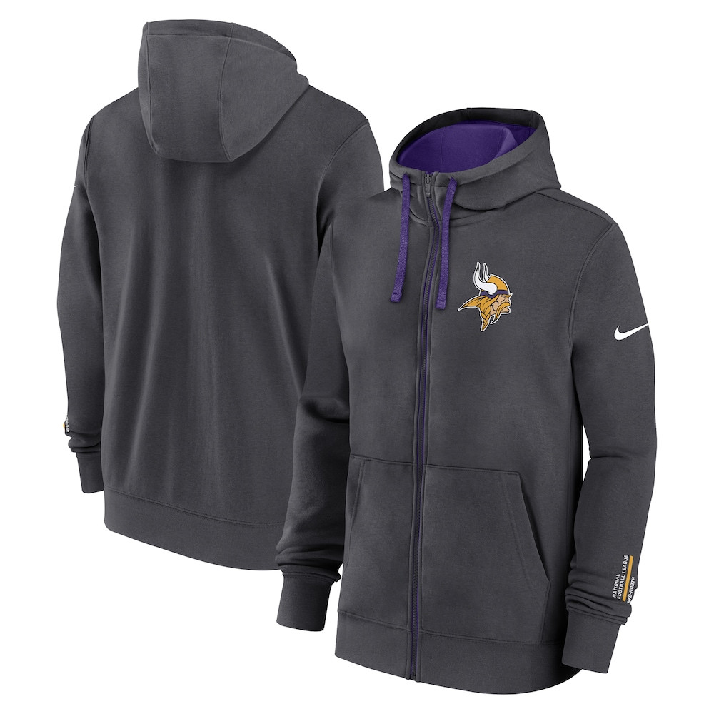 Minnesota Vikings Merch - Men's Anthracite Primetime Club Full-Zip Hoodie - Cool Gifts For Football Fans