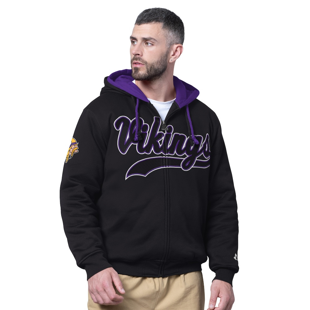 Minnesota Vikings Merch - Men's Big Shot Full-Zip Double Hoodie, Black - Starter - Football Fan Present Ideas