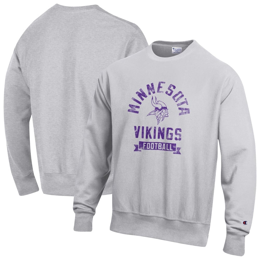 Minnesota Vikings Merch - Men's Champion Reverse Weave Fleece Pullover Sweatshirt, Heather Gray - Football Gift Idea