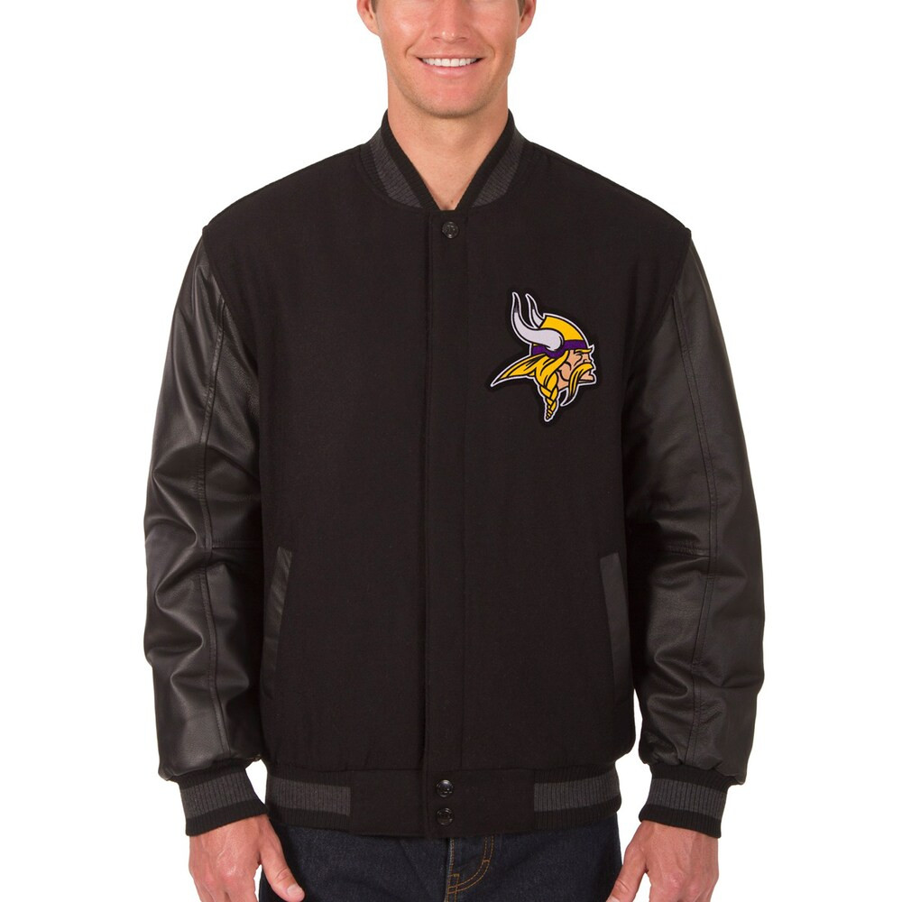 Minnesota Vikings Merch - Men's JH Design Wool & Leather Reversible Jacket with Embroidered Logos, Black - Birthday Present For Football Fan