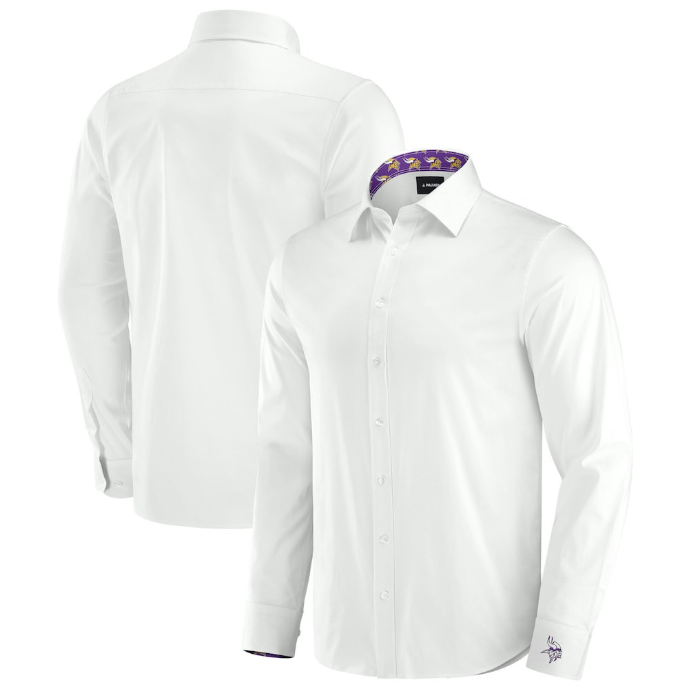 Minnesota Vikings Merch - Men's Man-In-Motion Long Sleeve Button-Up Dress Shirt, White - J. Palmer - Football Gifts For Men
