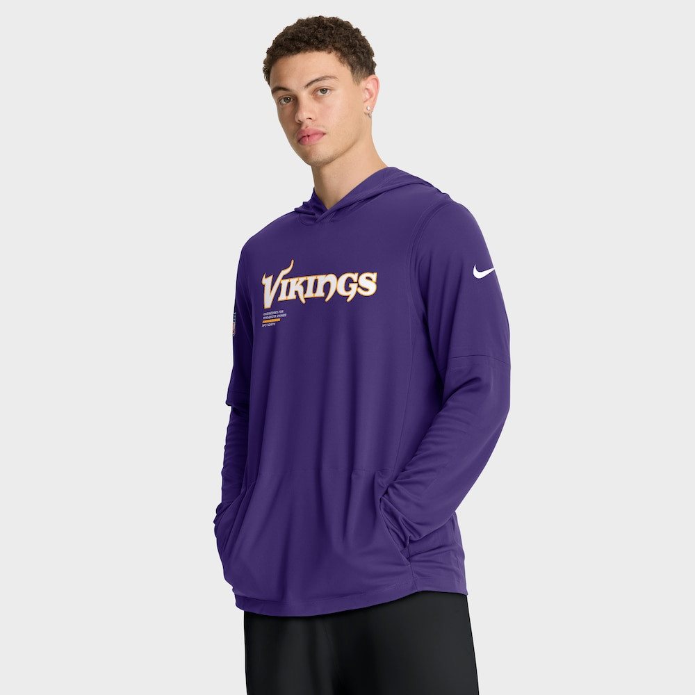 Minnesota Vikings Merch - Men's Purple Sideline Pure Fury Performance Long Sleeve Hooded T-Shirt - Good Gifts For Football Fans