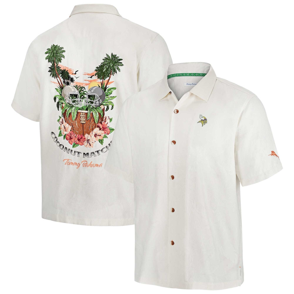 Minnesota Vikings Merch - Men's Tommy Bahama Coconut Matchup Camp Button-Up Shirt, White - Football Related Gifts