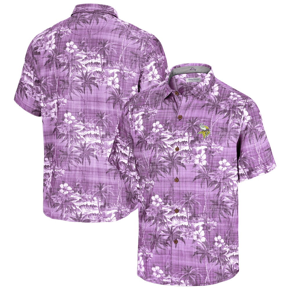 Minnesota Vikings Merch - Men's Tommy Bahama Purple Coconut Point Isla Palmetta Camp Button-Up Shirt - Football Gift Ideas For Men