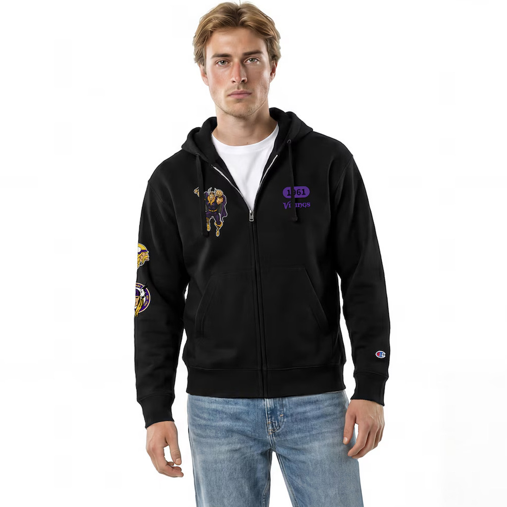 Minnesota Vikings X Disney Merch MN Vikings Disney X NFL Champion Thor All-Star Zip Hoodie Black