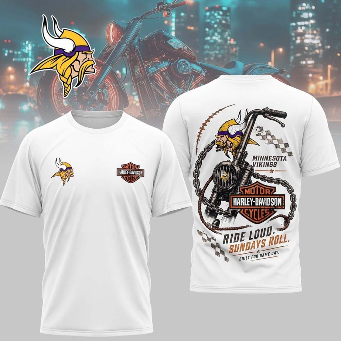 Minnesota Vikings X Motor Harley-Davidson Ride Loud Sundays Roll T-Shirt Game Day Merch