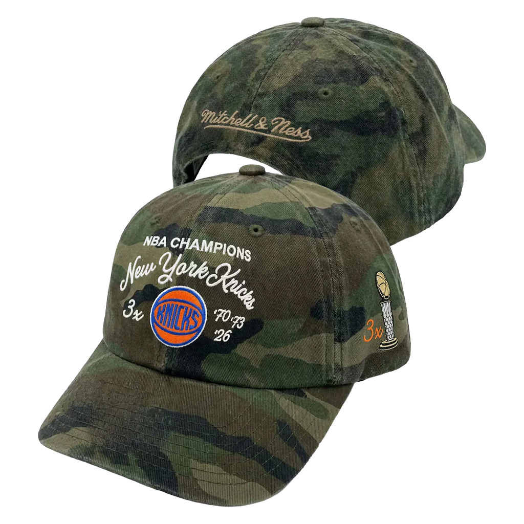 Mitchell And Ness NY Knicks Champions Merch 2026 Knicks 3X Finals Champions Script Camo Hat