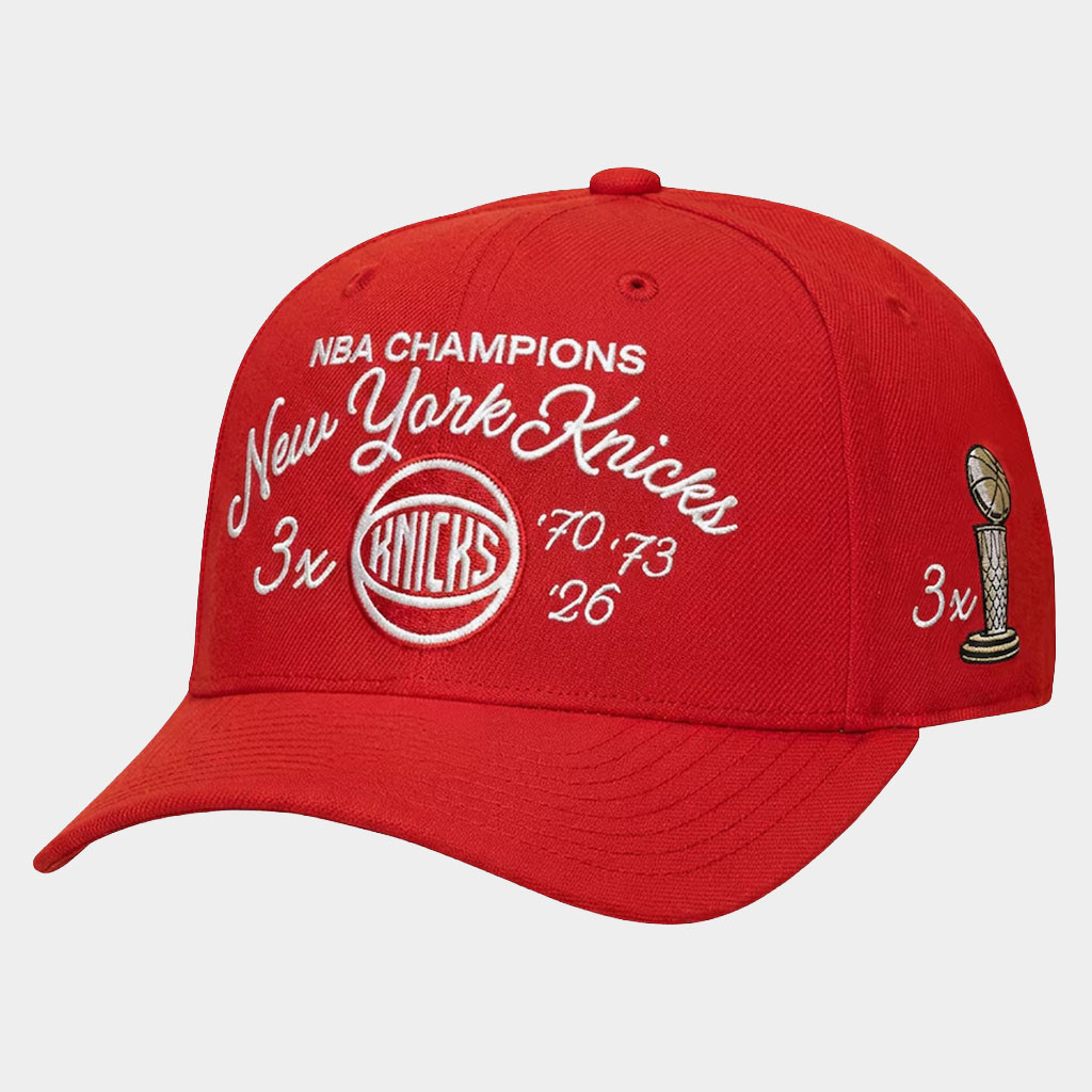 Mitchell And Ness NY Knicks Champions Merch 2026 Knicks 3X Finals Champions Script Hat Red