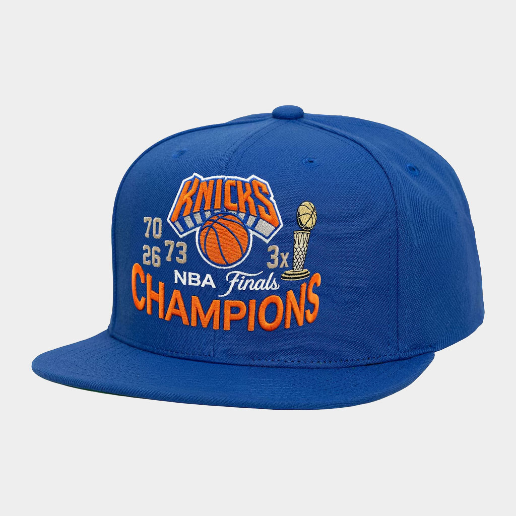 Mitchell And Ness NY Knicks Champions Merch 2026 Knicks 3X Finals Champions Trophy Snapback Hat Blue - Image 2