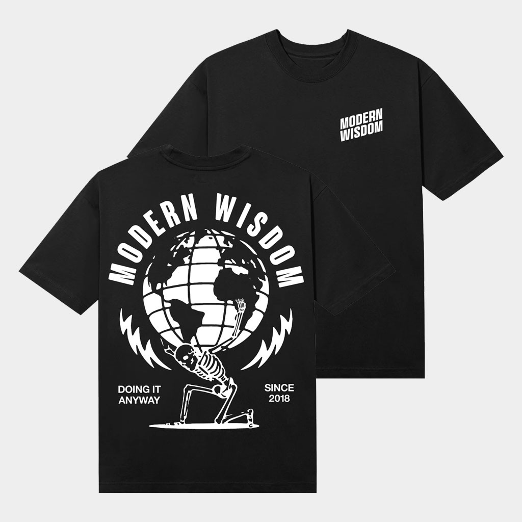 Modern Wisdom Merch 2026 Skeleton Globe Black T-Shirt Gift For Podcast Fans