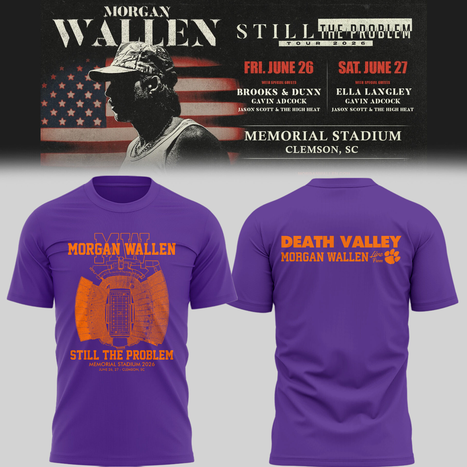 Morgan Wallen X Clemson Tigers Merch Still The Problem Tour 2026 At Memorial Stadium T-Shirt