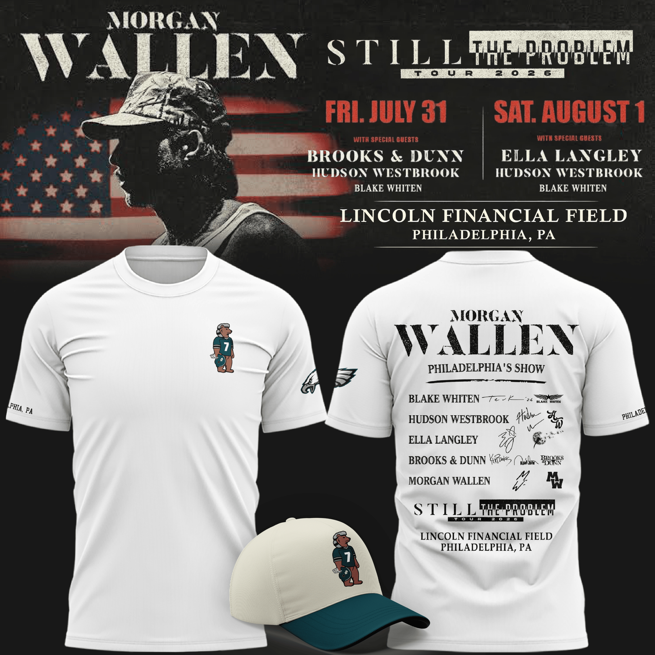 Morgan Wallen x Philadelphia Eagles Merch 2026 Still The Problem Tour T-Shirt White Fan Gear