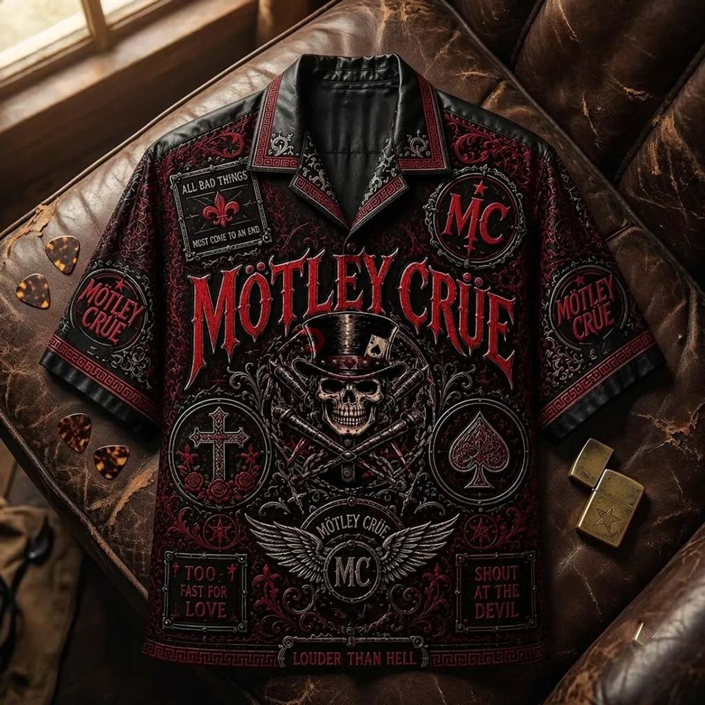 Motley Crue Black Red Skull Hawaiian Shirt 2026 Louder Than Hell Motley Crue Merch Fan Gifts