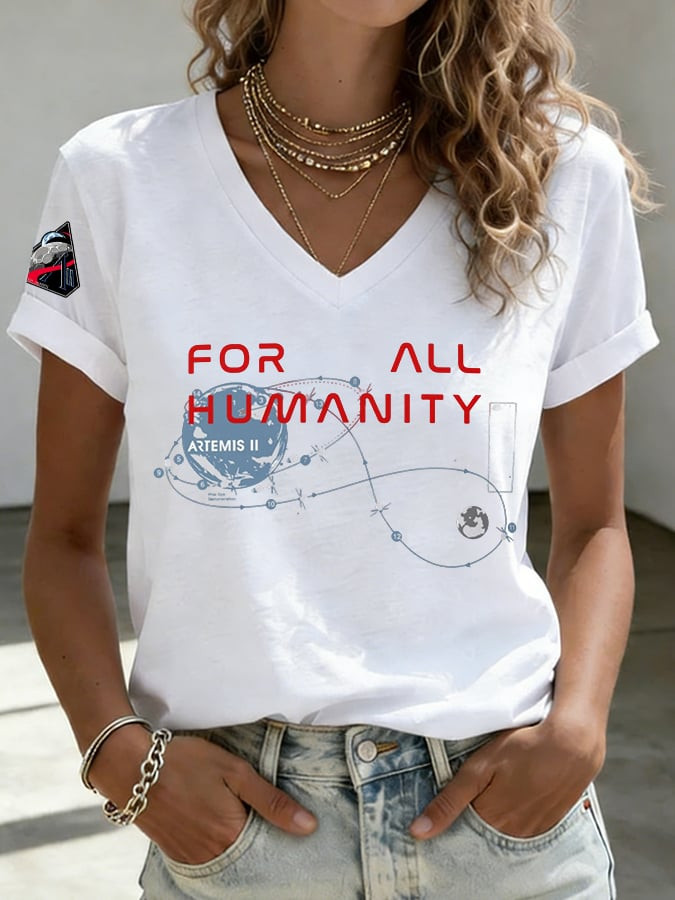 NASA Artemis II For All Humanity V-Neck T-Shirt Artemis II Merch Gifts For Her