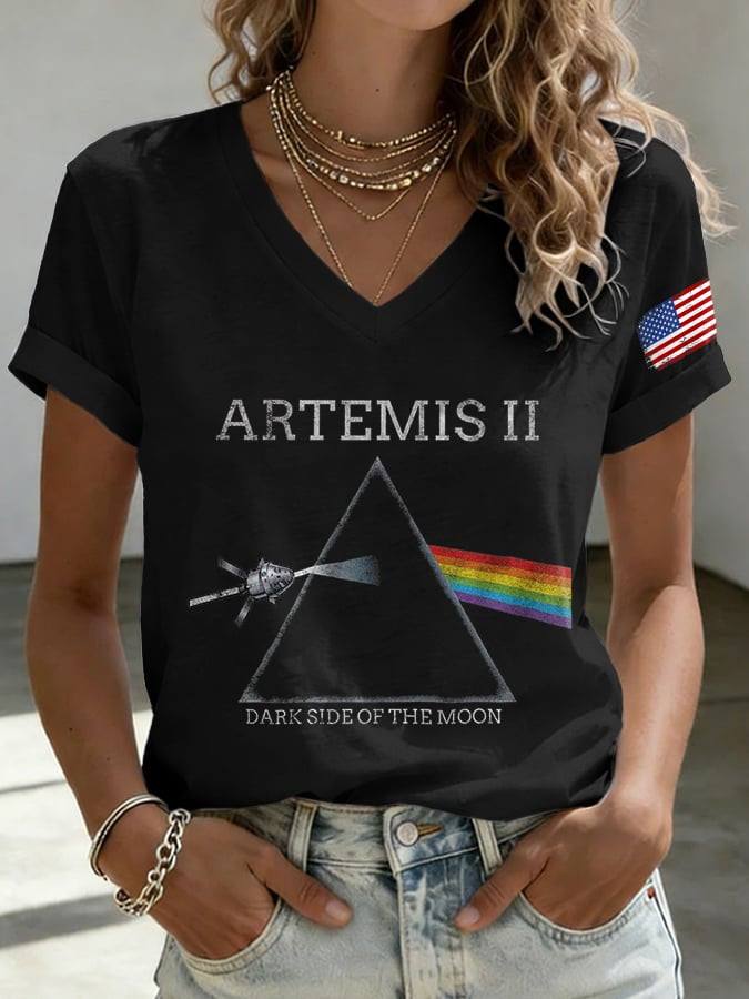 NASA Artemis II See You On The Dark Side Of The Moon V-Neck T-Shirt Women's Artemis II Merch - Image 2