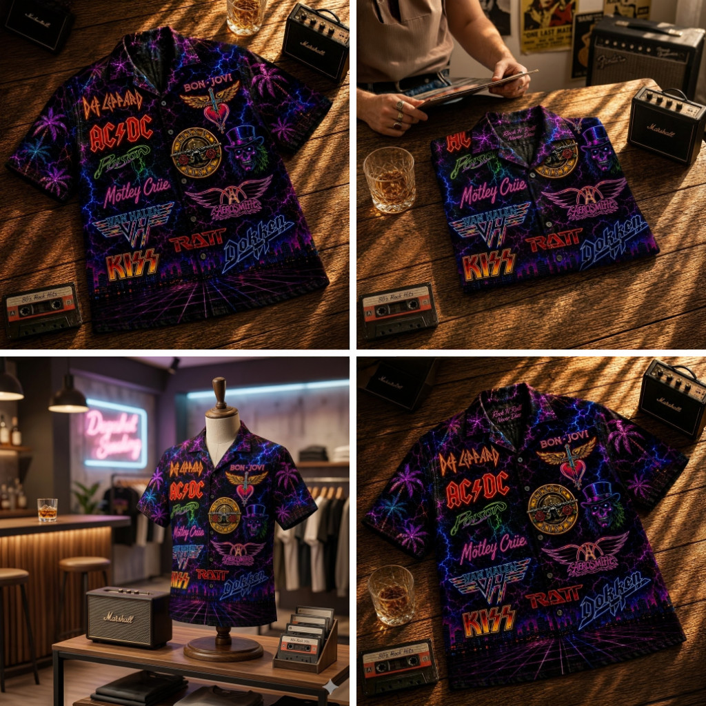 Neon Retro 80s Rock Band Collage Hawaiian Shirt Music Fan Apparel Best Gift For Grandpa
