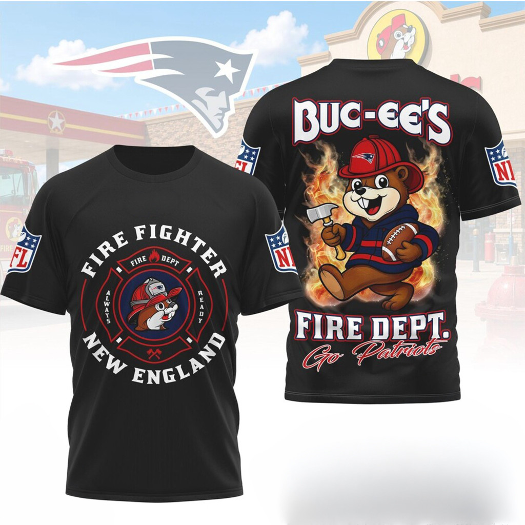New England Patriots Buc Ee's Mascot Firefighter Department Graphic T-Shirt NE Patriots Merch