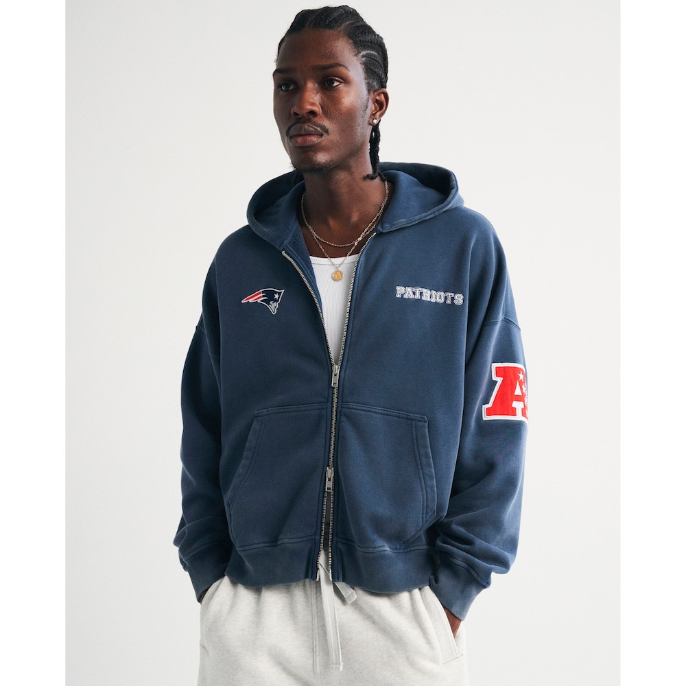 New England Patriots Merch - Men's Abercrombie & Fitch Fleece Full-Zip Hoodie, Navy - Football Present Ideas - Image 2