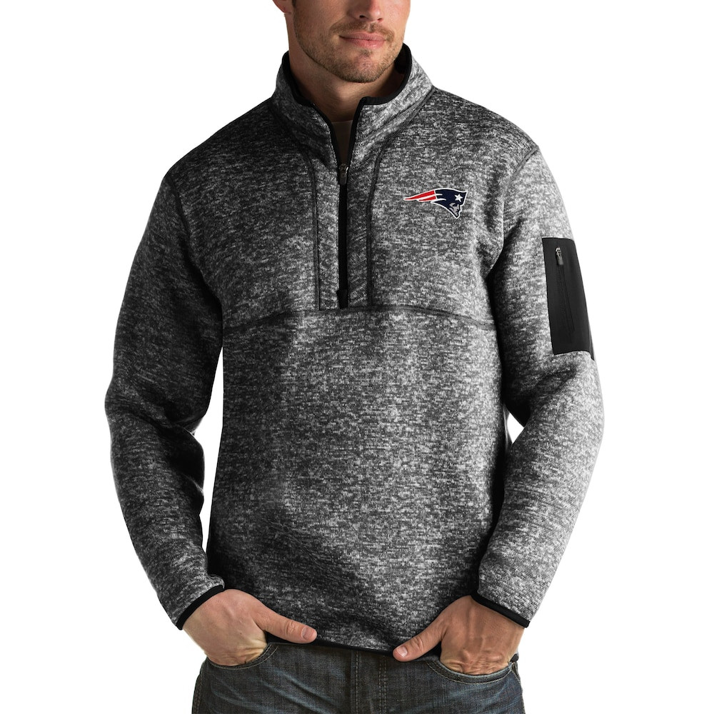 New England Patriots Merch - Men's Heather Fortune Quarter-Zip Pullover Jacket, Big & Tall, Black - Antigua - Best Presents For Football Lovers